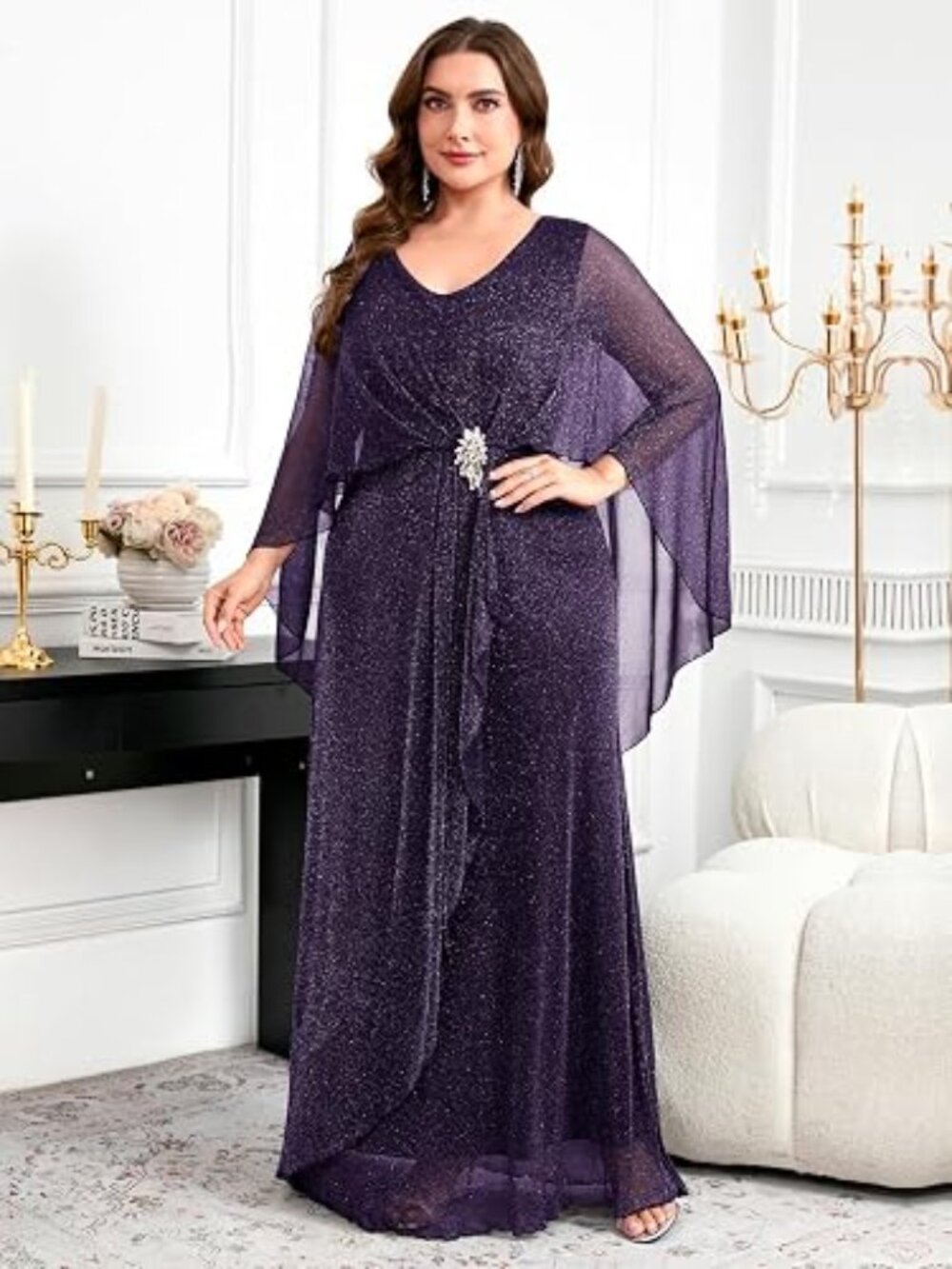 Tiaraly Women's Plus Size Purple Glitter Formal Dress w/Long Cape Jewels Size-2X